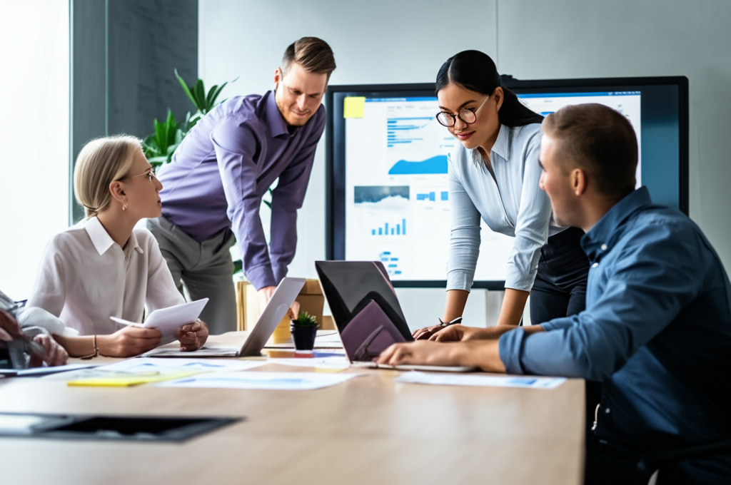 Team collaborating on IT solutions in a modern office environment